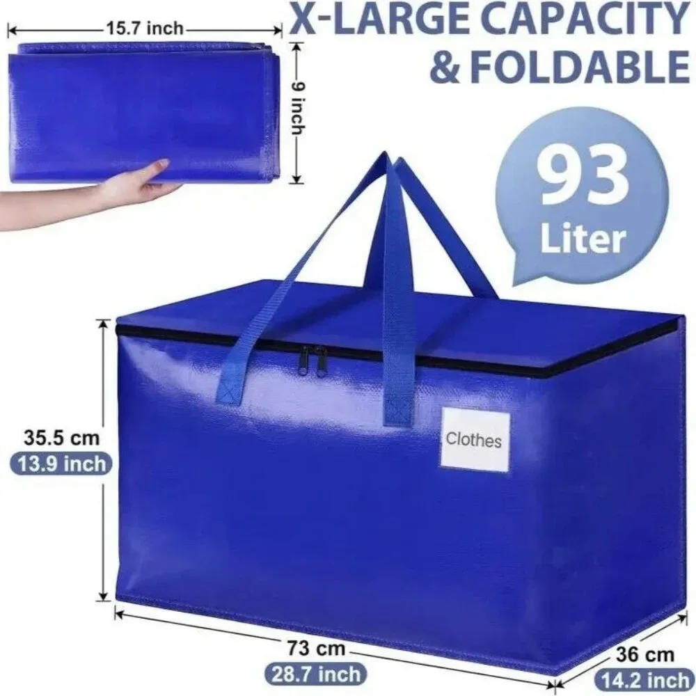 4 Large Moving Tote Bags W/ Zippers & Carrying Handles Heavy Duty Storage Blue